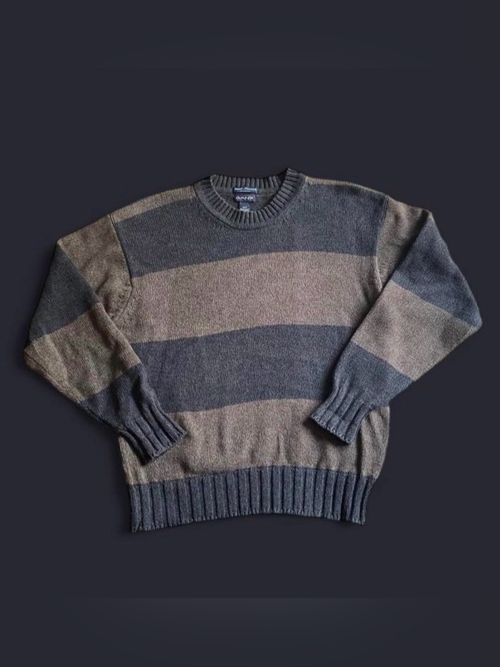 Vintage Gant Knit Sweater Mens Medium Brown Black Striped Hand Framed Crewneck